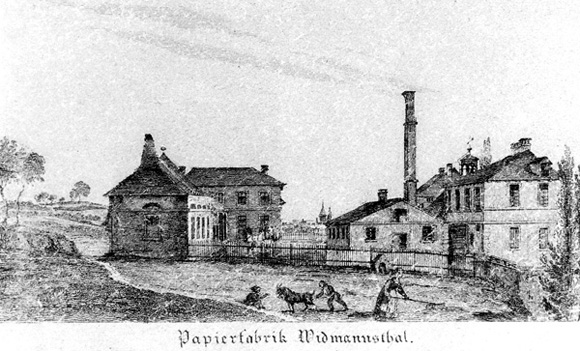 Die Papiermaschinenfabrik von Johann Jakob Widmann im Leinbachtal bei Neckargartach; um 1845 (Stadtarchiv Heilbronn)
