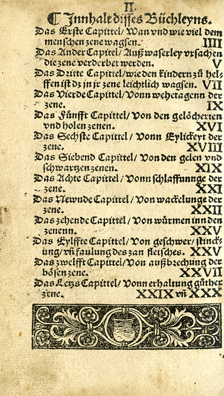 Inhaltsverzeichnis der "Zene-Artzney wider allerley Gebrechen und Krankheiten der Zähne"; 1530
(Stadtarchiv Heilbronn)