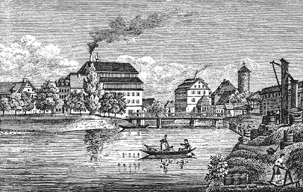 Die Heilbronner Papierfabriken; vor 1835Lithographie der Gebrüder Wolff(Stadtarchiv Heilbronn)