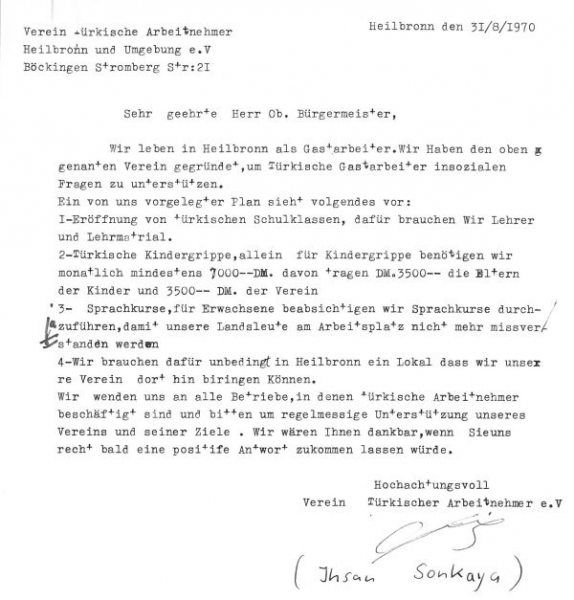 Brief des Vereins türkischer Arbeitnehmer Heilbronn und Umgebung e.V. an den Oberbürgermeister (Stadtarchiv Heilbronn B039-518)